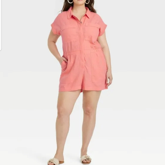Universal Thread Pants - Universal Thread Womens Coral Pink Linen Blend Shortsleeve Romper Shorts Size 14